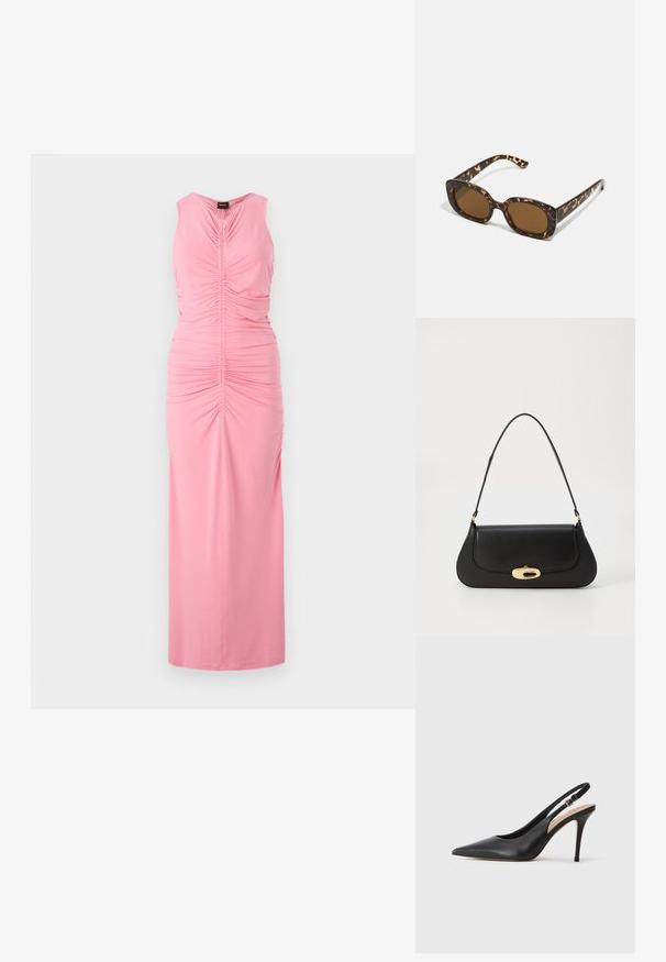 Rožinė be rankovių suknelė su susiraukšlėjimu ir raukšlėmis priekyje, ilgos ilgio, pagaminta iš švelnios, lygaus audinio.; Juoda odinė slingback aukštakulnė batai su smailiu pirštu, glotnia tekstūra ir delikatia juosta su metaline sagtimi.; Kare klasikinės saulės akinių rėmeliai su apvalia, didesne forma ir rudais objektyvais. Yra subtilių raštų ir tiesių, siaurėjančių šonų.; Juodas odinis rankinės su išlenktu dizainu, auksinių atspalvių furnitūra ir viršutine rankena. Savybės - stilingas uždarymas ir glotni tekstūra.