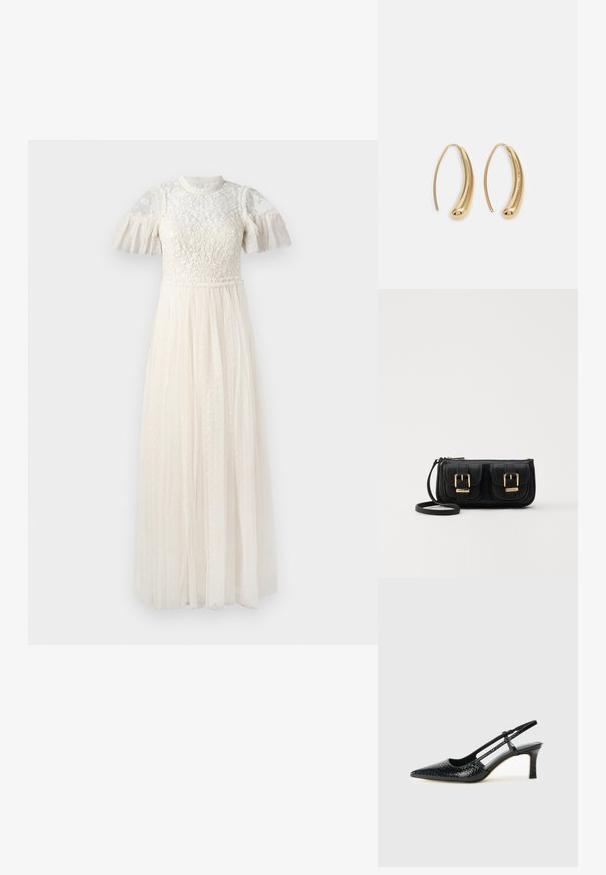 Duga bijela haljina s teksturiranim cvjetnim korzetom, prozirnim napućenim rukavima i slojevitom, nabranom tilskom suknjom s suptilnim točkastim uzorcima.; Crne lakirane slingback pete s oštrim vrhom, s teksturiranim uzorkom zmijske kože, podesivom remenom i kratkom, teksturiranom blok-petom.; Crna kožna torba preko ramena s dva prednja džepa, zlatnim kopčama, zatvaranjem na zip i uskim remenom. Teksturirana površina i kompaktan pravokutan oblik.; Zlatne metalne naušnice u obliku obruča s zakrivljenim, izduženim oblikom. Imaju glatku, sjajnu površinu i zaobljeni vrh za dodatni detalj.