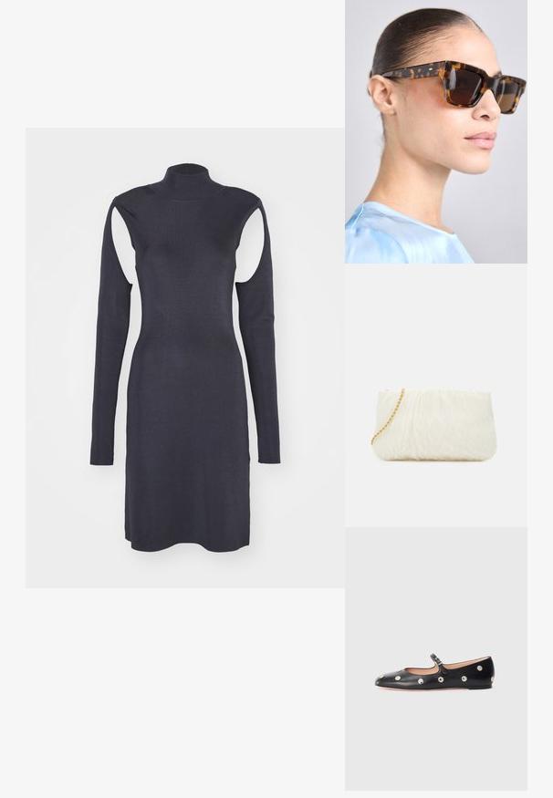 Námořnické pruhované šaty s vysokým límcem, dlouhými rukávy a výřezy na ramenou. Podlepený design se rovnými lemy. Hladká textura.; Černé kožené baleríny typu Mary Jane s kulatou špičkou, zdobené stříbrnými kulatými nýty a nastavovacími popruhy se sponou.; Sluneční brýle v želvovinovém stylu s robustním obdélníkovým rámem. Tmavé čočky a zlaté akcenty na stranicích. Hladký, lesklý povrch.; Bílá texturovaná kabelka s uloženým designem, vybavená zlatým řetízkem. Hladký povrch s jemnými vlnami a zaoblenými okraji.