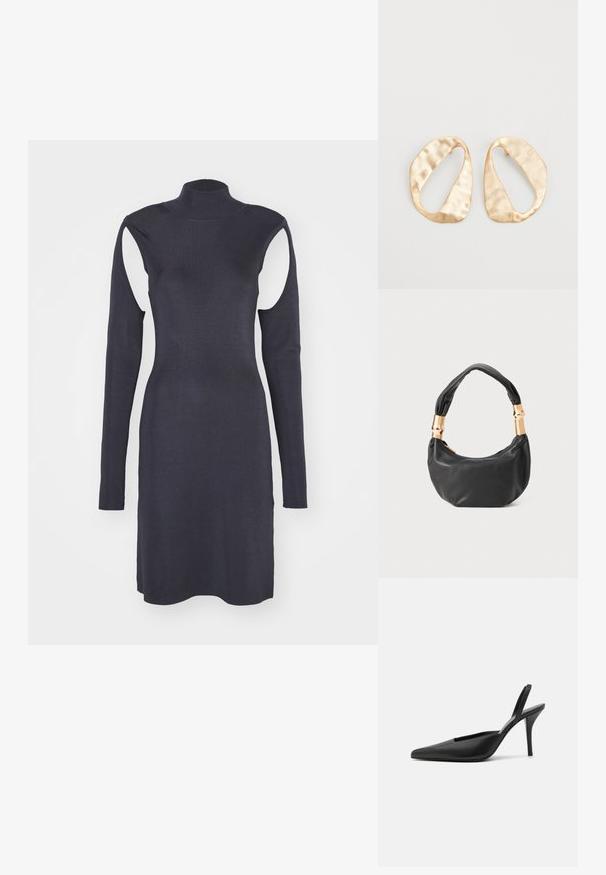 Námořnické pruhované šaty s vysokým límcem, dlouhými rukávy a výřezy na ramenou. Podlepený design se rovnými lemy. Hladká textura.; Černé lodičky na podpatku s špičatou špičkou, hladkým koženým materiálem a elegantním, minimalistickým designem. Vysoký jehlový podpatek.; Černá kožená kabelka s kulatým tvarem, měkkou texturou a uzlovou rukojetí se zlatými kovovými detaily. Zapínání na zip.; Pár nepravidelných oválných náušnic z kovu pozlaceného zlatem s texturovaným, mírně kladivkovým povrchem na bílém pozadí.