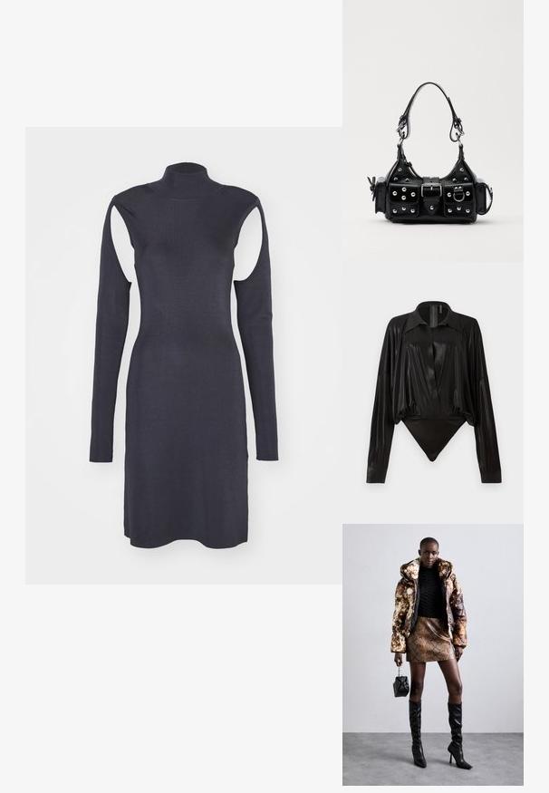 Jūras zila ribota kleita ar augstu apkakli, garām piedurknēm un plecu izgriezumiem. Pieguļošs dizains ar taisnu apakšmalu. Gluda tekstūra.; Melnā bodijakā ar garām piedurknēm, V-veida kaklu un pieguļošu siluetu. Izgatavots no spīdīga, gluda auduma ar strukturētu apkakli un aprocēm.; Puffa jaka ar brūnu un melnu rakstu, kombinēta ar brūnu čūskas raksta mini svārkiem, melniem līdz ceļgala zābakiem un mazu melnu somiņu.; Melnas ādas rokturmais ar izliekumu, ar sudraba iedurtiem, sprādzi un divām sānu kabatām. Regulējams siksniņas garums dažādām nēsāšanas iespējām.