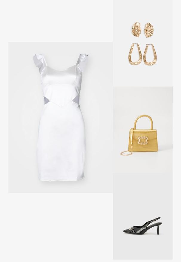 Vestido de cetim branco com alças de ombro franzidas, corpete ajustado e detalhes recortados nas laterais. Textura suave e comprimento acima do joelho.; Sapato slingback preto em pele patentada com bico apontado, tiras no tornozelo apresentando fivelas e acessórios prateados, e um salto elegante.; Bolsa amarela em pele de crocodilo falsa, com um design estruturado, pega no topo, alça de corrente removível e decoração de cristal no fecho.; Brincos em tom de ouro com formas onduladas e texturizadas. Inclui studs escultóricos com presilha e um design de argola aberta com um acabamento martelado.