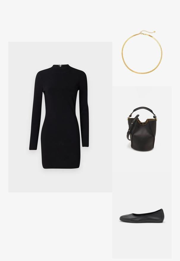 Musta pitkähihainen mekko, jossa on muotoiltu siluetti, korkea kaulus ja takaosa vetoketjulla. Sileä pinta ja joustava kangas. Ei kuvioita tai yksityiskohtia.; Musta nahkainen ballerina, jossa on pyöristetty kärki, sileä pinta, minimaalinen ommelkoristelu ja joustava pohjamuotoilu.; Mustan nahka-buckettikassi, jossa on teksturoitu pinta, kultaiset metalliosat ja avoin yläosa. Ominaisuuksiin kuuluu lyhyt kahva ja säädettävä olkahihna.; Kulta verkko kaulaketju, jossa on litteä ja joustava muotoilu. Varustettu ketjusäätimellä pituuden säätämiseksi. Sujuva pinta, minimalistinen ilme.