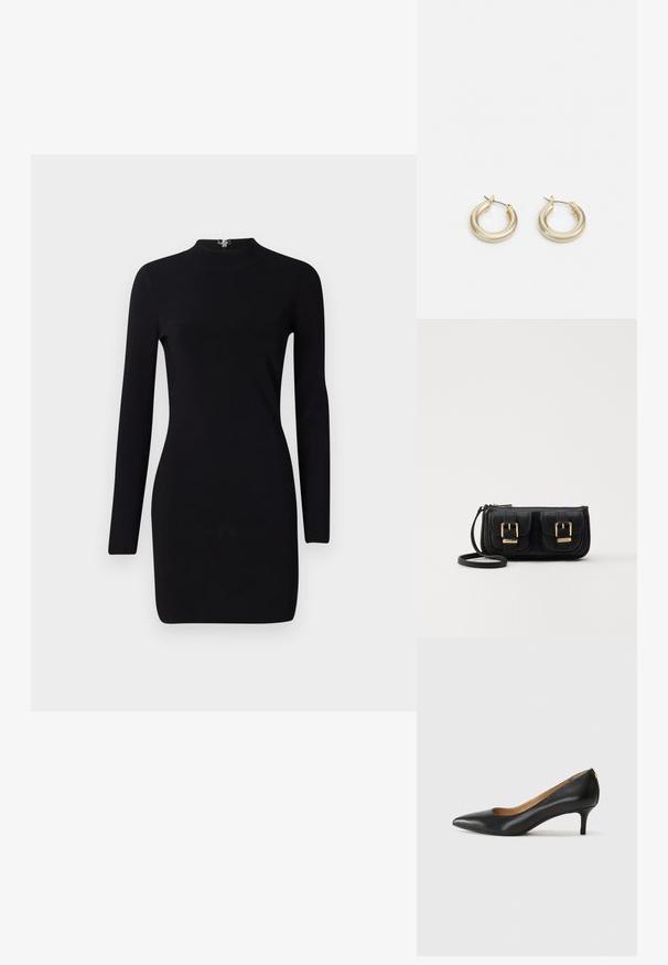 Vestido preto de manga longa com silhueta ajustada, gola alta e fecho éclair nas costas. Tecido liso e elástico. Sem padrões ou detalhes.; Sapato de salto alto em pele preta com bico fino, salto baixo e textura suave. Apresenta uma ligeira abertura na parte da frente e mínima ferragem na parte de trás.; Bolsa de ombro em couro preto com dois bolsos frontais, fivelas douradas, fecho de zíper e uma alça fina. Superfície texturizada e forma retangular compacta.; Lauren Ralph Lauren BASIC SMALL HOOP - Brincos - gold-coloured