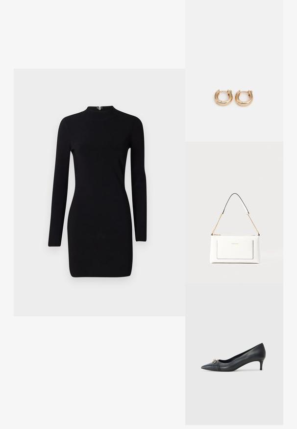 Juodas ilgomis rankovėmis suknelė su prigludusia siluetu, aukštu kaklu ir užpakaliniu užtrauktuku. Lygus tekstūras ir ištempus audinys. Nėra raštų ar akcentų.; Juodos odinės šlepetės su smailiu nosiu ir žemu kulnu, kurių priekį puošia tekstūruota juostelė ir metalinė detalė. Lygi paviršius ir elegantiškas dizainas.; Balta odinė rankinė su tekstūruotu paviršiumi, turinti auksinį grandinėlės dirželį ir juodas detales. Įskaičiuota priekinė kišenė ir užtrauktuko uždarymas.; Auksiniai auskarai-žiedai su poliruota danga, pasižymintys storu, apvaliu dizainu ir saugiu uždarymo mechanizmu. Lygus paviršius ir blizganti išvaizda.