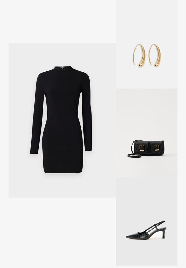 Musta pitkähihainen mekko, jossa on muotoiltu siluetti, korkea kaulus ja takaosa vetoketjulla. Sileä pinta ja joustava kangas. Ei kuvioita tai yksityiskohtia.; Musta patent slingback-kiilakorko teräväkärkisellä muotoilulla, jossa on teksturoitu käärmeennahkakuosi, säädettävä remmi ja lyhyt, teksturoitu blokkiheel.; Musta nahkainen olkalaukku, jossa on kaksi etutaskua, kultaiset soljet, vetoketjukiinnitys ja kapea hihna. Teksturoidun pinnan ja kompaktin suorakaiteen muoto.; Korvakorut kultasävytteistä metallista, joissa on kaareva, pitkänomainen muoto. Ominaisuuksiin kuuluu sileä, kiiltävä pinta ja pyöreä kärki lisäyksinä.