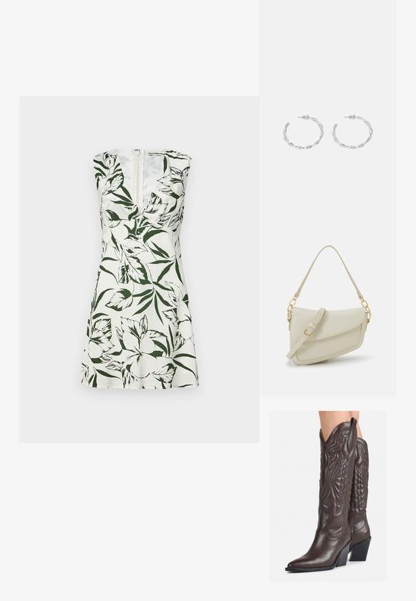 Abito senza maniche in lino bianco con stampa floreale verde. Presenta una profonda scollatura a V e una cerniera sul retro. Forma a trapezio svasato.; Stivali da cowboy in pelle marrone con punta affusolata e tacco a blocco, caratterizzati da dettagliati ricami e accenti rialzati sul gambale.; Piccola borsa a tracolla crema con finitura testurizzata, una lunga tracolla regolabile, un accento a catena e chiusura a patta. Dettagli in hardware dorato.; Orecchini a cerchio in argento con un design torciglionato, caratterizzati da una finitura lucida e chiusura a perno. Misurano circa 3 cm di diametro.