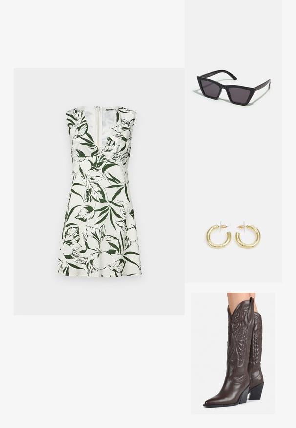 Ujjatlan fehér lenruha zöld virágmintával. Mély V-nyakkivágással és hátul cipzárral rendelkezik. Királyi A-vonalú fazon.; Barna bőr cowboy csizmák hegyes orral és blokk sarkal, részletes varrással és kiemelkedő díszítésekkel a szárán.; Fekete, szögletes napszemüveg szürke lencsékkel; műanyagból készült, vastag karokkal, sima felülettel és látható hardver nélkül.; Arany fülbevalók sima, fényes felülettel. Kör alakú dizájn, amely kis kapoccsal és átlátszó tartozékkal rendelkezik a biztonságos viselés érdekében.