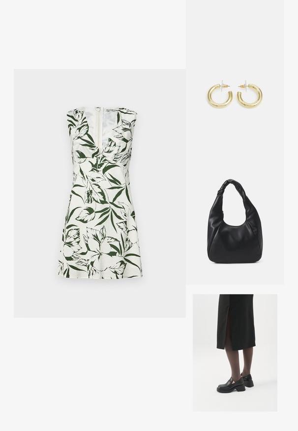Bezrukávové šaty z bieleho ľanu s zelenou kvetinovou potlačou. Majú hlboký výstrih do V a zips na chrbte. Rozšírený A-lichý strih.; Čierne kožené topánky s okrúhlou špičkou, silným blokovým opätkom a elastickými bočnými akcentmi, skombinované s tmavými pančuchami a čiernou sukňou so štiepením.; Čierna kabelka typu hobo z hladkého materiálu podobného kože s prekrútenou rukoväťou, s jemným, zaobleným tvarom a vrchným zipsom.; Zlaté kruhové náušnice s hladkým, lesklým povrchom. Cirkulárny dizajn s malým steblom a jasným záznamom pre bezpečné nosenie.