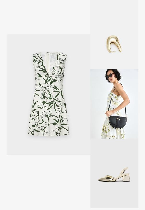 Sleeveless dress in white linen with green floral print. Features a deep V-neck and a back zipper. Flared a-line shape.; Gold, metallic slingback heels with a pointed toe and chunky heel. Smooth texture, minimalistic design, and a narrow strap.; Black leather handbag with a curved shape, detachable strap, and gold hardware. The bag features a flap with a buckle detail.; Gold-tone metal earring with a sleek, curved design. Features a distinctive pointed shape, polished surface, and hinge closure.