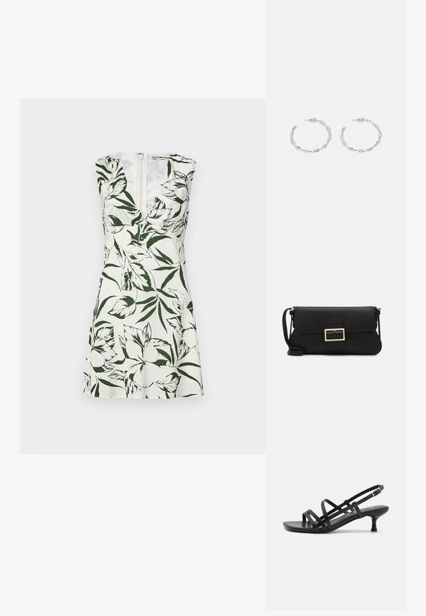 Valge linane ilma varrukateta kleit rohelise lillemustriga. Omab sügavat V-dekolteed ja tagumist lukku. Flare A-line kujundus.; Mustad musta kandaga sandaalid, millel on mitmed risti minevad rihmad. Sile materjal, terav nina ja kitsas konts. Reguleeritav pahkluuri rihm klambriga.; Must haben musta nahkklahviga kott, millel on klapp ja kuldne metallist pandla detail. Kaasas must rihm ja stiilne, minimalistlik disain.; Hõbedased rõngaskõrvarõngad keerutatud disainiga, millel on poleeritud viimistlus ja posti-tagune sulgemine. Diameeter umbes 3 cm.