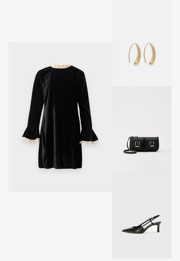 Mustaherkkikaapu, jossa on pitkät hihat, levenevät hihansuut, joissa on kermaista pitsiä, ja pyöreä pääntie. Sileä pinta, polven mittainen helma.; Musta patent slingback-kiilakorko teräväkärkisellä muotoilulla, jossa on teksturoitu käärmeennahkakuosi, säädettävä remmi ja lyhyt, teksturoitu blokkiheel.; Musta nahkainen olkalaukku, jossa on kaksi etutaskua, kultaiset soljet, vetoketjukiinnitys ja kapea hihna. Teksturoidun pinnan ja kompaktin suorakaiteen muoto.; Korvakorut kultasävytteistä metallista, joissa on kaareva, pitkänomainen muoto. Ominaisuuksiin kuuluu sileä, kiiltävä pinta ja pyöreä kärki lisäyksinä.