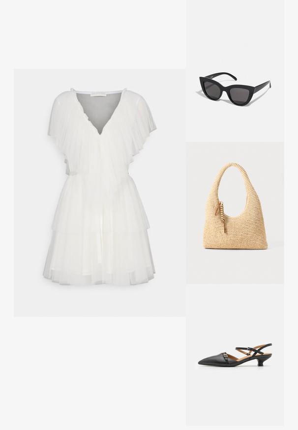 Balta tulle kleita ar vairāku līmeņu dizainu, V veida kakla izgriezumu un plīvura piedurknēm. Aprīkota ar ieliktni jostas vietā, lai piešķirtu papildus formu.; Melnas ādas slingback kurpes ar norādītiem pirkstiem, krustveida siksnām un maziem blokveida papēžiem. Iespējas iekļauj sprādžu akcentus un teksturētu virsmu.; Melnas kaķa acs saulesbrilles ar matētu apdari, ar pelēkiem tonētiem stikliem, izteiktiem stūriem un elegantiem sānu rokturiem. Zīmola nosaukums redzams uz iekšējā roktura.; Auduma bēšs rokassomu ar izliekto rociņu, strukturētu virsmu un brūna pušķa detaļu. Iespējama vaļīga, hobo forma.