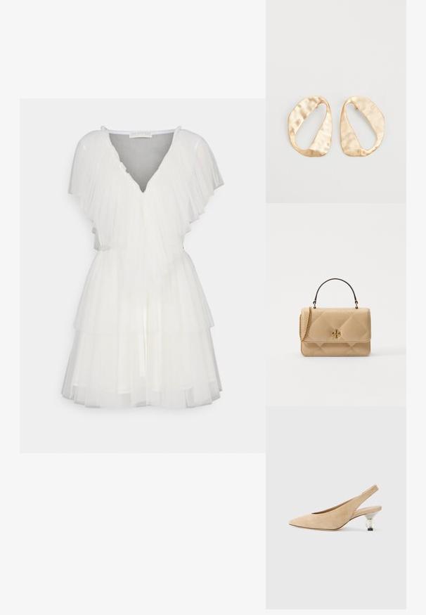 Valge tüllkleit, millel on kihiline disain, V-dekoltee ja lendlevad varrukad. Kere rõhutamiseks on lisatud vööd.; Bež sametist slingback kingad terava varbaga ja läbipaistva ümmarguse kontsaga. Sile tekstuur ja minimalistlik disain.; Kvaliteetne beež nahkst kandekott, millel on kuldne riistvara, ketirihm ja ülemine käepide. Omab esipaneeli ja allkirjalogo detaile.; Eba paar eba ebaorditud ovaalkujulisi kuldehhe kaal setertu, kerge keersuju pinnaga valgel taustal.