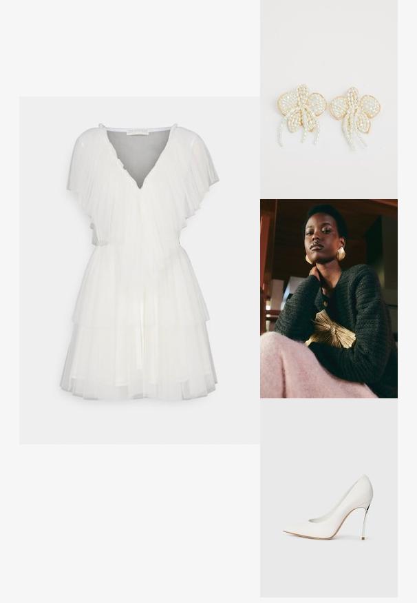 Valkoinen tylli mekko, jossa on kerroksellinen muotoilu, V-pääntie ja liehuvat hihat. Yksityiskohtana vyöllä varustettu vyötärö lisättyä muotoa varten.; Valkoiset korkokengät, joissa on terävä kärki ja hieno kimallustekstuuri. Hopeinen metallinen korko tuo kontrastia. Tyylikäs muotoilu.; Loeffler Randall PLEATED FRAME WITH BOW - Pikkulaukku - gold-coloured; Helmi kukka korvakorut kultaisilla yksityiskohdilla. Jokainen terälehti sisältää pieniä pyöreitä helmiä, jotka on järjestetty kukkamuotoon ja joihin on lisätty roikkuvia helmikoristeita.