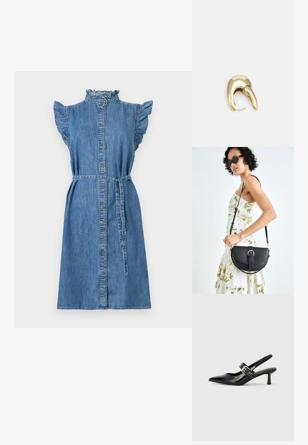 Denim obleka s visokim ovratnikom, rokavi z volančki, spredaj z gumbi, z pasom in do kolen v svetlo modri barvi. Teksturen, sproščen material.; Črne patent usnjene slingback pete s koničastim nosom in majhnim blok peto, ki vključujejo srebrno zaponko na traku.; Črna usnjena torbica s ukrivljeno obliko, z odstranljivo naramnico in zlatimi dodatki. Torbica ima pokrov s podrobnostmi v obliki zaponke.; Uhane nakit iz zlatastega tona z gladko, ukrivljeno zasnovo. Ima edinstveno koničasto obliko, polirano površino in zaponko s tečajem.