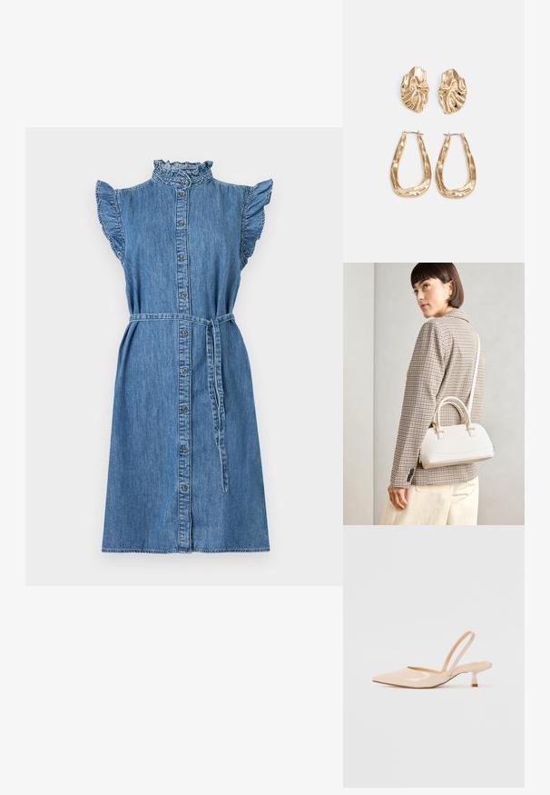 Vestido de ganga com gola alta, mangas com franja, frente com botões, cintura cingida e design até ao joelho em azul claro. Tecido texturizado e casual.; Saltos slingback em couro sintético bege com bico apontado e um salto quadrado fino. Textura suave e design minimalista sem embellishments.; Bolsa estruturada branca com alças curtas e uma alça de ombro, com detalhes em hardware dourado e material texturizado, exibida contra um fundo cinza.; Brincos em tom de ouro com formas onduladas e texturizadas. Inclui studs escultóricos com presilha e um design de argola aberta com um acabamento martelado.