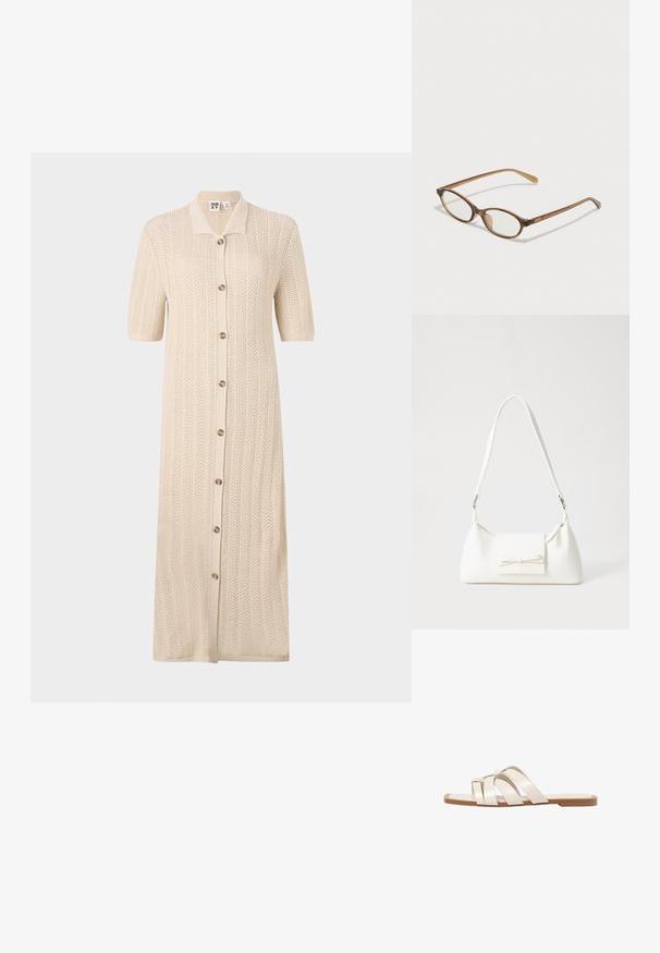 Abito in maglia beige con colletto, maniche corte e chiusura frontale con bottoni. Presenta un motivo testurizzato e una vestibilità lunga e rilassata.; Infradito con suola in gomma color talpa, progettate con tre cinturini in pelle bianca sovrapposti e un piccolo dettaglio a fiocco al centro.; Occhiali tortoiseshell marroni con lenti ovali, aste sottili e dettagli trasparenti. Presentano un logo sottile sulla tempia. Design elegante e leggero.; Borsa sintetica bianca a forma triangolare, con patta anteriore piatta e dettaglio a fiocco, tracolla regolabile, texture liscia e design minimalista.