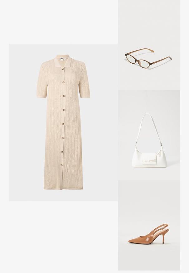 Beige strikket kjole med krage, korte ermer og knappelukking foran. Har et strukturert mønster og en lang, avslappet passform.; Spiss tå slingback hæl i et glat, glinsende brunt materiale. Har et buet utskårent design og en slank stilett hæl. Sølvspenne detalj.; Brune skjellbriller med ovale linser, tynne stenger og gjennomsiktige detaljer. Har en subtil logo på stangen. Elegant, lett design.; Hvit syntetisk håndveske med trekantet form, flat klaff foran og sløyfe detaljer, justerbar stropp, glatt tekstur og minimalistisk design.