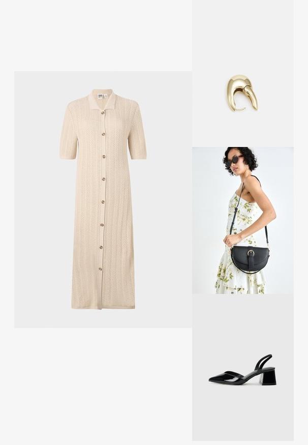 Beige gebreide jurk met een kraaghalslijn, korte mouwen en een knopenrij aan de voorkant. Heeft een gestructureerd patroon en een lange, ontspannen pasvorm.; Zwarte gepatineerde leren slingback hakken met een spitse neus en een geometrische blokhak. Kenmerkt zich door een slank, minimalistisch ontwerp en een gladde textuur.; Zwarte leren handtas met een gebogen vorm, afneembare schouderband en gouden hardware. De tas heeft een klep met een gespsluiting.; Gouden metalen oorbel met een slank, gebogen ontwerp. Beschikt over een kenmerkende puntige vorm, gepolijste oppervlakte en scharnier sluiting.