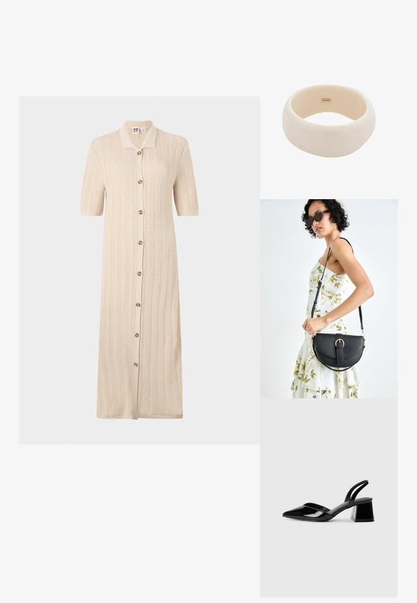 Robe en tricot beige avec un col, des manches courtes et une fermeture à boutons sur le devant. Présente un motif texturé et une coupe longue et décontractée.; Escarpins en cuir verni noir avec bout pointu et talon bloc géométrique. Présente un design élégant et minimaliste ainsi qu'une texture lisse.; Sac à main en cuir noir avec une forme courbée, bandoulière amovible et des accessoires en or. Le sac est doté d'un rabat avec un détail de boucle.; Bracelet beige brillant en résine lisse. Forme arrondie avec une surface uniforme et un petit logo doré à l'intérieur.