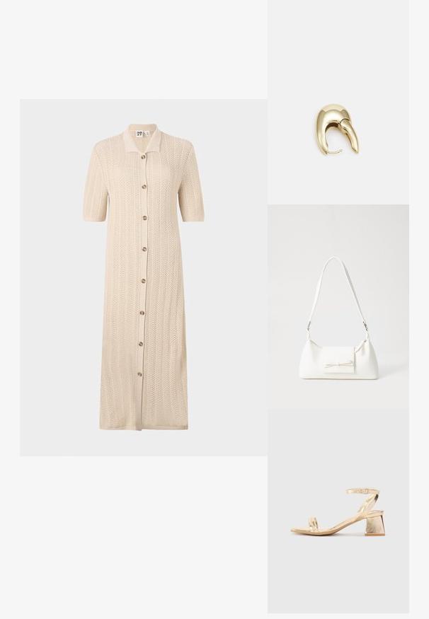Robe en tricot beige avec un col, des manches courtes et une fermeture à boutons sur le devant. Présente un motif texturé et une coupe longue et décontractée.; Sandale à talon en métal doré avec un talon bloc angulaire, deux bandes sur le pied et une bride de cheville réglable. Texture lisse.; Sac à main synthétique blanc en forme triangulaire, avec un rabat avant plat et un détail en nœud, une bandoulière ajustable, une texture lisse et un design minimaliste.; Boucle d'oreille en métal doré avec un design élégant et courbé. Présente une forme conique distinctive, une surface polie et une fermeture à charnière.