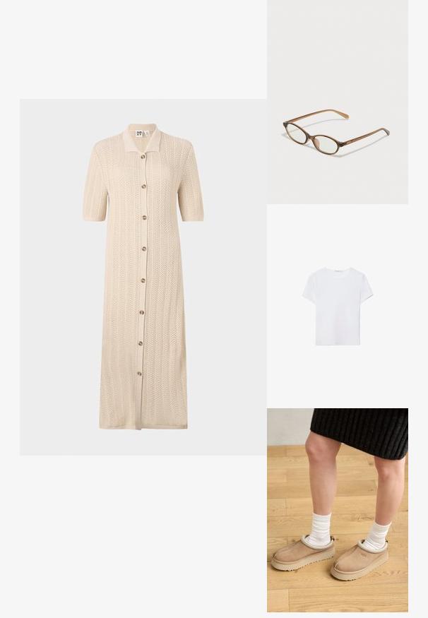 Robe en tricot beige avec un col, des manches courtes et une fermeture à boutons sur le devant. Présente un motif texturé et une coupe longue et décontractée.; T-shirt blanc à manches courtes en tissu doux. Dispose d'un col rond et d'un design simple et épuré avec un ourlet droit.; Chaussures à enfiler en daim marron avec un col texturé de couleur claire. Semelle en caoutchouc avec des grips à motifs, portées avec des chaussettes blanches à côtes.; Lunettes en écaille de tortue marron avec des verres ovales, des branches fines et des accents transparents. Présente un logo subtil sur la branche. Design élégant et léger.