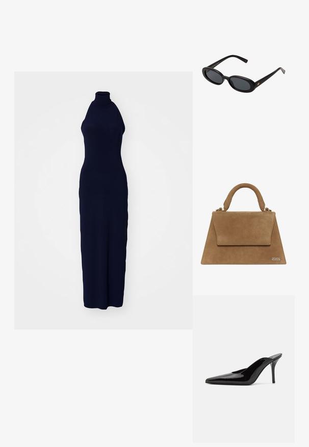 Vestido midi sem mangas azul marinho com um decote alto, feito de um tecido suave e elástico, apresentando um design ajustado e uma silhueta longa.; Mule de salto alto em couro envernizado preto com ponta fina e uma silhueta elegante, apresentando um calcanhar aberto e um salto stiletto esbelto.; Óculos de sol pretos oversized com lentes ovais, armação de plástico suave e detalhes em dourado nas hastes. As lentes escuras oferecem proteção solar.; Mala de camurça marrom com formato triangular estruturado, pega superior e fecho com aba. Apresenta um discreto detalhe de logótipo de lado.