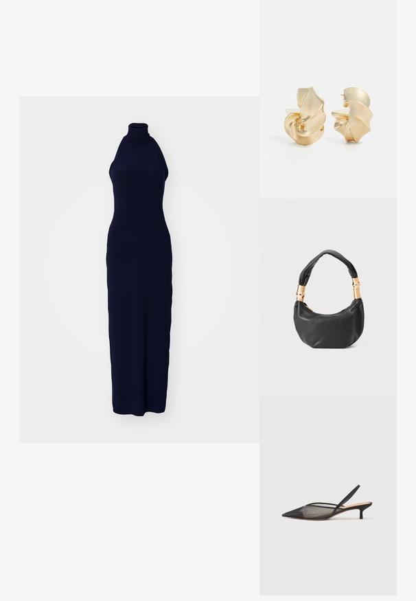 Morska modra brezrokavna midi obleka z visokim ovratnikom, izdelana iz gladkega, raztegljivega materiala, z oblikovno tesno prileganjem in dolgo silhueto.; NEOUS IRENA - Klasične pete - black; Črna usnjena torbica okrogle oblike, mehke teksture, z vozlanim ročajem in zlatimi kovinskimi dodatki. Zadrga za zapiranje.; Zlato-tonirane metalne uhane z teksturo in skulpturalno spiralo. Imajo gladke površine in ukrivljene oblike, ki odseväjo svetlobo.