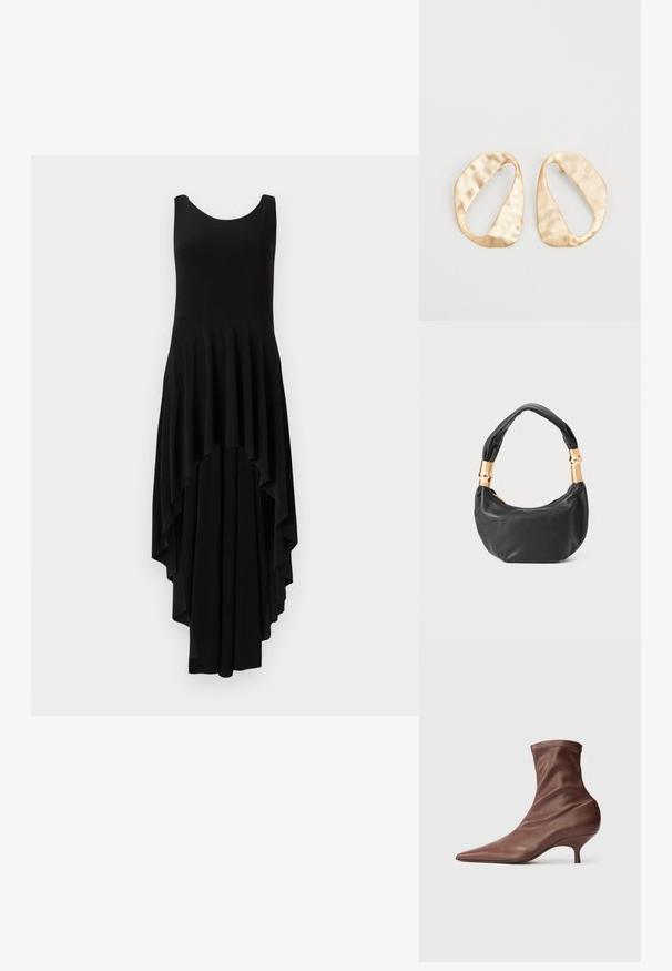 Musthave mustrõhuta must kleit ümmarguse kaelusega, millel on langev asümmeetriline allääre ja plekitud tekstuur kogu kehakaeluse kohal.; Pruun teravatoeline pahkluu saapas keskmise kõrguse kitten kontsaga ja pehme, siledast nahast ülemise osaga heleda tausta ees.; Must mustrepp nahkakott ümmarguse kujuga, pehme tekstuuriga ja sõlmiga käepidemega, millel on kuldse tooni aksessuaarid. Lukuga sulgemine.; Eba paar eba ebaorditud ovaalkujulisi kuldehhe kaal setertu, kerge keersuju pinnaga valgel taustal.