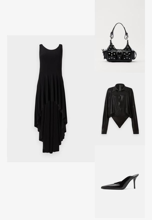 Vestido preto sem mangas com decote redondo, apresentando uma bainha assimétrica em cascata e textura plissada por todo o corpete.; Bodysuit preto com mangas longas, decote em V e silhueta ajustada. Feito de um tecido brilhante e suave, com colarinho e punhos estruturados.; Mule de salto alto em couro envernizado preto com ponta fina e uma silhueta elegante, apresentando um calcanhar aberto e um salto stiletto esbelto.; Bolsa de couro preta com um design curvado, apresentando tachas prateadas, uma fivela e dois bolsos laterais. Alça ajustável para opções de transporte.