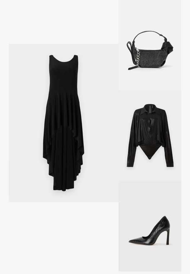 Czarna sukienka bez rękawów z okrągłym dekoltem, z kaskadowym asymetrycznym dołem i plisowanym wykończeniem na całej powierzchni górnej części.; Czarny bodysuit z długimi rękawami, dekoltem w serek i dopasowanym fasonem. Wykonany z błyszczącego, gładkiego materiału z usztywnionym kołnierzykiem i mankietami.; Czarne szpilki z ostrym noskiem, pokryte teksturą skóry krokodyla, charakteryzujące się eleganckim wzornictwem, wysokim obcasem w stylu stiletto oraz gładkim czarnym wnętrzem.; Czarna torebka z ćwiekowanymi zdobieniami, łańcuszkowym paskiem i gładkim skórzanym uchwytem, o zaokrąglonym kształcie i zamykanej kieszeni.