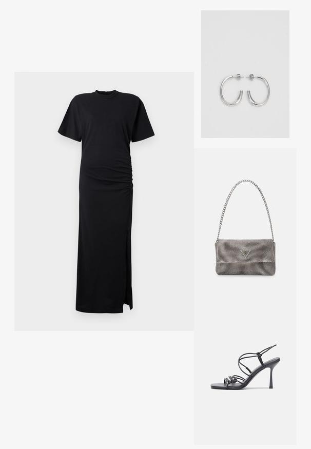 Must have mustrükkidega must maksikleit. Omab lühikesi varrukaid, ümmargust kaelust, külgsi rütmimist ja lõhikut hemmi, et lisada detaili.; Mustad musta värvi kontsandaalid on varustatud peente rihmadega, millel on sõlmekujundus, siledad ruudukujulised varbad ja stiilne stilettokonts.; Helehall metallik handbags, millel on kett, kaunistatud väikeste ümmarguste metallist õmblustega ja kolmnurkse brändi logoga.; Hõbedased rõngaskõrvarõngad, millel on sile ja läikiv pind. Ümar kuju, kerge disain, millel on post-tagumise kinnituse süsteem.