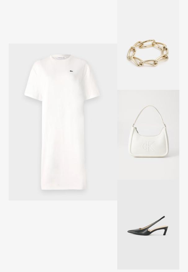 Valge puuvillane t-särk-kleit, millel on ümar kaelus, lühikesed varrukad ja väike roheline logo rinnal. Lihtne, sirge siluett.; Must mustaga, terav varvas, madala kontsaga sildiga king, mis on valmistatud siledast nahast ja mille küljel on lõike disain hingavuse tagamiseks.; Valge nahast käekott, millel on kumer kuju, esiküljel on reljeefne "CK" logo ja üks õlavarre rihm. Ülemine tõmblukkuu.; Kuldse tooniga käevõru, millel on omavahel seotud piklikud lingid, mis omavad siledat ja läikivat tekstuuri. Iga link omab eristuvat ovaalset kuju.