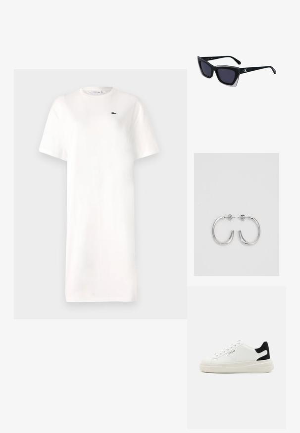 Valkoinen t-paitamekko, joka on valmistettu puuvillasta. Mekossa on pyöreä kaula-aukko, lyhyet hihat ja pieni vihreä logo rinnassa. Yksinkertainen, suora siluetti.; Valkoiset nahkakengät paksulla valkoisella pohjalla, mustalla mokkanahkaosuudella kannassa ja kohokuvioitu logo sivulla. Nauhakeskitys kuudella reiällä.; Mustat ylisuuret aurinkolasit, joissa on geometrinen muoto, tummat linssit ja kehykseen erottuva harmaa yksityiskohta. Logo varressa.; Hopehopeet hopehopeet hopehopeet hopehopeet, jolla on sileä, kiiltävä pinta. Pyöreä muoto, kevyt rakenne, jossa on neulakiinnitys.