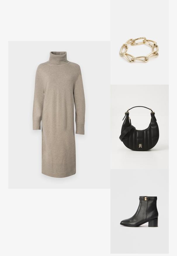 GANT DETAIL ROLLNECK DRESS - Abito in maglia - warm grey; Stivali alla caviglia in pelle nera con una texture liscia, punta arrotondata e un accento in metallo dorato sulla cinghia alla caviglia. Design con tacco a blocco.; Borsa a spalla in pelle nera con forma curva, texture trapuntata e dettagli in oro. Presenta una tracolla removibile e dettaglio del logo.; Bracciale color oro con anelli allungati intrecciati, caratterizzato da una superficie liscia e lucida. Ogni anello ha una forma ovale distintiva.