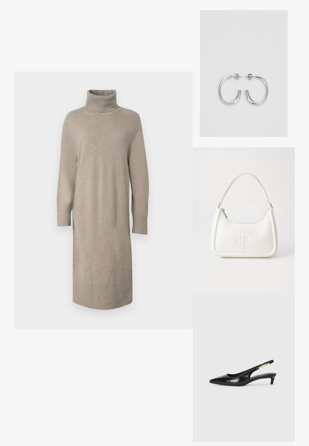 GANT DETAIL ROLLNECK DRESS - Neulemekko - warm grey; Mustat nahkaiset slingback-korkokengät, joissa on terävä kärki, ohuet korot ja kultasävytteinen yksityiskohta säädettävässä hihnassa. Silkkinen pinta.; Valkoinen nahkalaukku, jossa on kaareva muotoilu, etupuolella kohokuvioitu "CK" -logo ja yksi olkahihna. Vetoketjukiinnitys ylhäällä.; Hopehopeet hopehopeet hopehopeet hopehopeet, jolla on sileä, kiiltävä pinta. Pyöreä muoto, kevyt rakenne, jossa on neulakiinnitys.