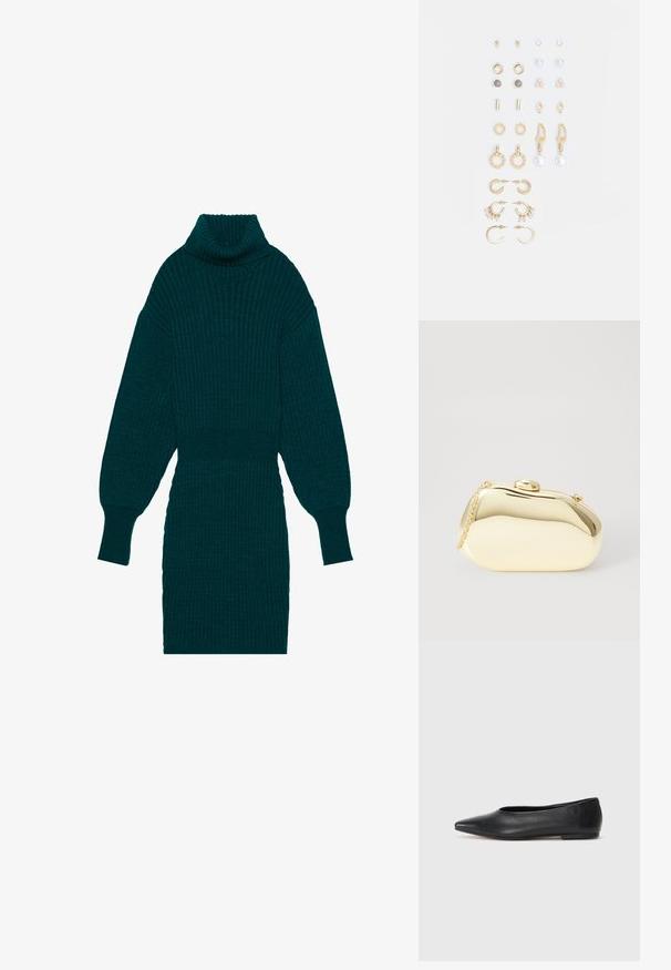 Mėlynos žalsvos spalvos dryžuota megztinė su aukštu turtleneku ir pūkuotomis rankovėmis. Turi prigludusią juosmens dalį ir tekstūruotą audinį, kuris suteikia papildomo dimensijos.; Juodas odinis baleto batas, su smailiu pirštu, minimalistinio dizaino, lygiu paviršiumi, žemo profilio kulnu, be matomos aparatūros ar papuošimų.; Metalinis auksinis rankinukas su glotnia, suapvalinta forma, turintis viršutinį mygtuko užsegimą ir mažą grandinėlės dirželį nešiojimui.; Auksiniai auskarai su įvairiais dizainais, įskaitant studus, žiedus ir kabančius modelius su perlų ir kristalų akcentais.