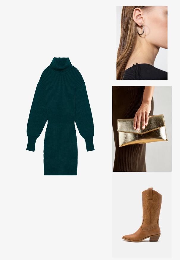 Tyrkysové žebrované pletené šaty s vysokým rolákem a balónovými rukávy. Mají přiléhavý pas a texturovanou tkaninu pro přidanou dimenzi.; Hnědé kožené kovbojské boty s špičatou špičkou, vyšívanými spirálovými vzory na štítech a s blokovým podpatkem. Obsahují poutko pro snadné obouvání.; Zlatá metalická kabelka typu clutch s hladkým povrchem, s trojúhelníkovým zavíráním. Ruka, která ji drží, má pečlivě upravené nehty.; Stříbrný kruhový náušník s lesklým povrchem, zdobený malými zlatými akcenty, v kulatém tvaru, nošený na lalůčku.