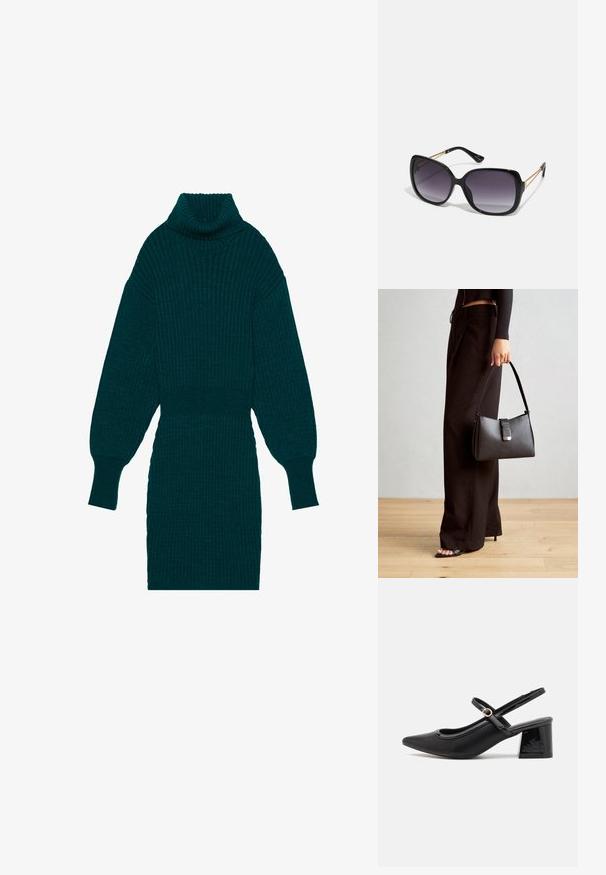 Tyrkysové žebrované pletené šaty s vysokým rolákem a balónovými rukávy. Mají přiléhavý pas a texturovanou tkaninu pro přidanou dimenzi.; Černé lakované lodičky s otevřenou patou, špičatou špičkou, zaobleným střihem a blokovým podpatkem. Zdobené akcentem v zlatém tónu.; Černé oversized sluneční brýle se gradientními skly, silnými rámy a zlatými řetízkovými detaily na nožičkách.; Černá kabelka se strukturovaným tvarem, hladkým povrchem a kovovým uzávěrem. Kombinována s širokými černými kalhotami a sandály s otevřenou špičkou na dřevěné podlaze.