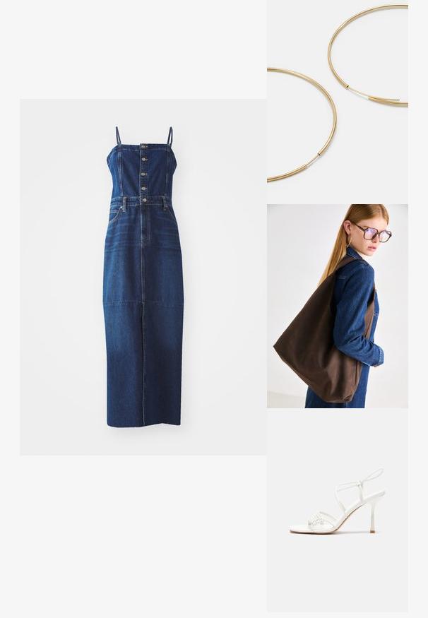 Traper haljina s tjelesno prilagođenim gornjim dijelom i raširenom suknjom. Ima podesive naramenice, prednje dugmadi i prednje džepove. Tamnoplave boje.; Bijele sandale s visokom potpeticom i trakama, ravno oblikovanim prstima, teksturiranim prednjim dijelom s naboranim detaljima i uskom trakicom oko gležnja.; Smeđi kožni torba s mekom teksturom, koja ima prostran dizajn i jedan remen. Nosena s plavom traper jaknom.; Zlatne kružne naušnice, tanke i okrugle, s glatkom metalnom površinom bez ukrasa ili uzoraka.