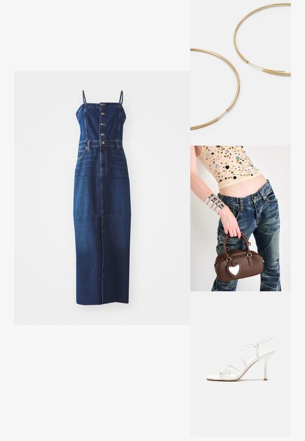 Denim obleka s prilegajočim trupom in širokim krilom. Ima nastavljive naramnice, gumbasto zapiranje spredaj in sprednje žepe. Temno modra barva.; Bela sandala na visoki pet z zavezanimi trakovi, z ravnim podplatom, teksturirano sprednjo stranjo z nabranimi detajli in ozkim gležnjenjem.; Rjava usnjena torbica s poudarkom v obliki srca, zaobljene oblike, z zlatim okovjem, jo drži roka; v kombinaciji z postaranym jeansom in bisernim vrhom.; Zlate obroče ušesne uhane, tanke in krožne oblike, z gladko kovinsko površino brez okrasnih elementov ali vzorcev.