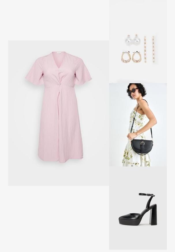 Rochie roz deschis cu decolteu în V, mâneci fluture și detaliu împletit în față. Fabricată dintr-un material texturat, se termină la jumătatea gambei.; Pantofi cu toc platformă negri, cu vârful ascuțit și curea reglabilă la gleznă. Confecționați din piele netedă, având un toc gros.; Geantă din piele neagră, cu o formă curbată, curea detașabilă și accesorii aurii. Geanta are un capac cu un detaliu tip cataramă.; Trei perechi de cercei: cercei cu perle albe mari, cercei tip cerc din aur cu pietre clare și două cercei lungi, drepți, din aur cu detalii strălucitoare.
