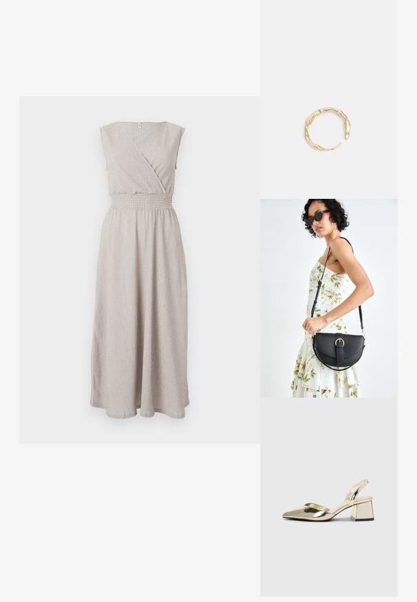 Beige, polven pituinen mekko, jossa on kietaisumalli, lyhyet hihat ja rypytetty vyötärö. Valmistettu rakenteellisesta kankaasta, jossa on hienovarainen kuvio.; Kultaiset, metalliset slingback-kengät, joissa on teräväkärkiset ja paksut korot. Sileä pinta, minimalistinen muotoilu ja kapea hihna.; Musta nahkainen käsilaukku, joka on kaareva muotoilultaan, irrotettavalla hihnalla ja kultaisilla yksityiskohdilla. Laukussa on läppä, jossa on solk yksityiskohta.; Kultaketju, jossa on orgaaninen, kierretty muotoilu, sileä pinta ja cappatut päät, luoden modernin, veistoksellisen ilmeen.