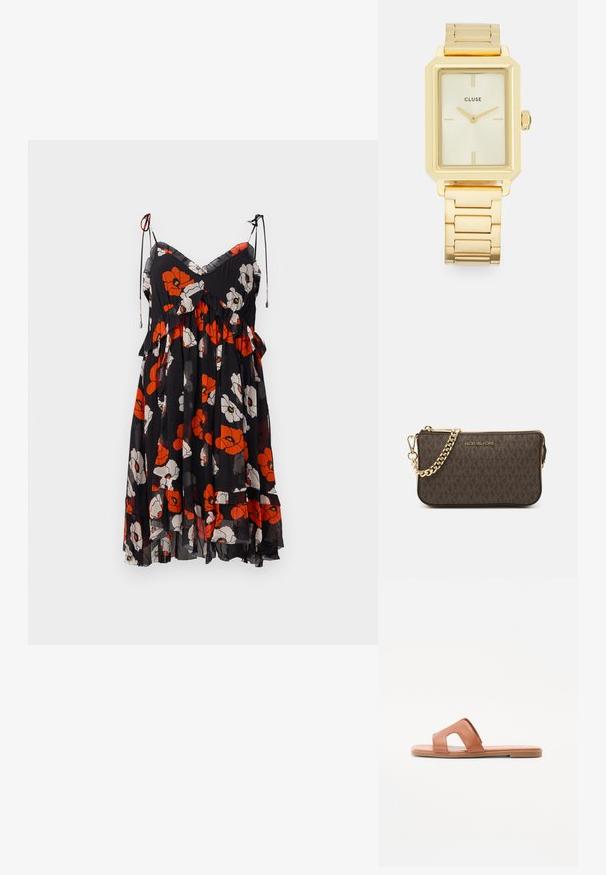 Vestido floral con fondo negro y patrones de amapolas rojas y blancas, con un dobladillo con volantes y tirantes ajustables. Tejido ligero y transparente.; Sandalia deslizante de cuero marrón que presenta un diseño de punta abierta, una correa ancha con detalles troquelados, suela plana y textura suave.; Bolso bandolera de cuero marrón con patrón de logotipos, correa de cadena dorada, cierre de cremallera y detalles en dorado. Forma compacta y rectangular.; Reloj de pulsera rectangular dorado con un diseño minimalista, que presenta una esfera color crema, manecillas doradas y una pulsera de eslabones metálicos. Las marcas incluyen el nombre de la marca.