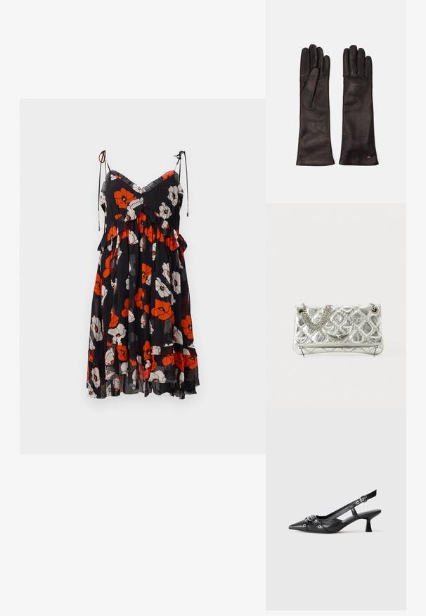 Cvjetna haljina s crnom pozadinom i uzorcima crvenih i bijelih makova, volan rukavima i podesivim naramenicama. Lagana, prozračna tkanina.; Crne kožne cipele s remenom oko pete, s izduženim vrhom, dekorativnim trakama s metalnim rupama i niskom blok petom. Teksturirana površina.; Srebrna metalik torba s lancem za nošenje, kviltana tekstura, dekorativni šavovi i zatvaranje na patentni zatvarač. Sadrži reljefne naglaske na prednjoj strani.; Weekend Max Mara SENAPE - Rukavice - nero
