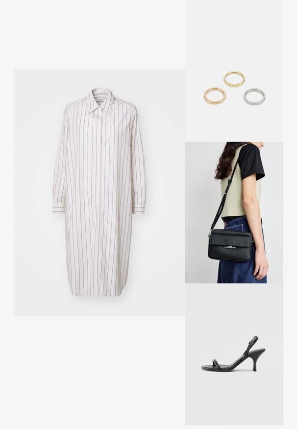 Mads Nørgaard YARPO CRISSY DRESS - Haljina-majica - silver birch; Crne kožne sandale na visoku petu s tankom, zakrivljenom petom i dizajnom prekriženih traka. Podesiva traka oko gležnja. Glatka tekstura.; Calvin Klein LINEAR CAMERA BAG - Torba preko tijela - black; Tri metalne prstenove: jedan od rose zlata, jedan od zlata s teksturiranim akcentima i jedan od srebra, svi s ugraviranim logotipom na unutarnjoj strani.