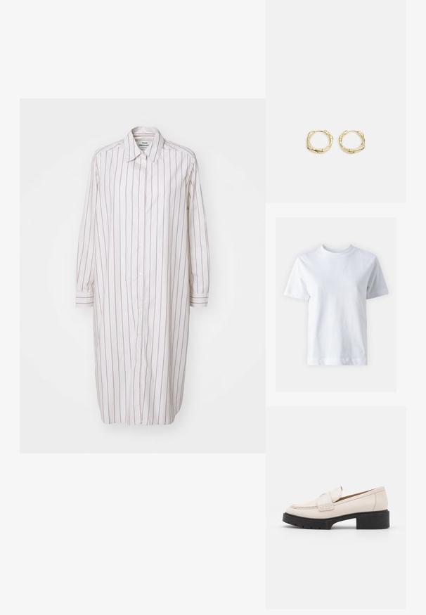 Mads Nørgaard YARPO CRISSY DRESS - Vestido camisero - silver birch; T-shirt de algodón blanco con cuello redondo, mangas cortas, corte recto y textura suave. Sin patrones ni adornos.; Mocasines de cuero beige claro con un frente cosido y un tacón de plataforma negro texturizado. Presenta un diseño curvado y una ligera elevación.; Pendientes de aro de oro con forma irregular y texturizada. Presentan un cierre sin costuras y un acabado pulido, destacando un diseño moderno.