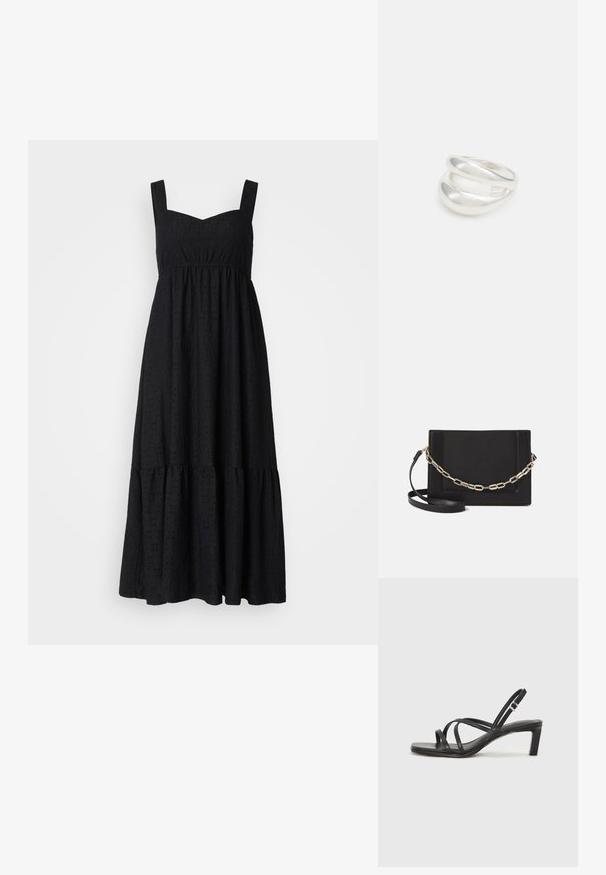 Črna brezrokavna midi obleka s kvadratnim izrezom, teksturirana tkanina z očesnimi vzorci in nabrano volanasto robom.; Črne natikače s trakovi in kvadratnim prstom ter nizkim blokastim peto. Imajo več tankih trakov in nastavljiv trak okoli gležnja. Narejene so iz gladkega usnja.; Črna usnjena torba čez ramo z gladko teksturo, pravokotno obliko in kovinskim verižnim detajlom spredaj. Vključena je nastavljiva naramnica.; Srebrn dvojni prstan z gladko, polirano površino. Ima tekoč, ukrivljen dizajn z prekrivajočimi se sekcijami za sodoben videz.