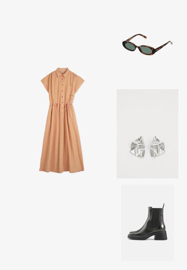 Žuta i ružičasta karirana haljina s kratkim rukavima, dugme sprijeda i nabranim strukom; sadrži džep na prsima i detalje s vezicom.; Crne kožne gležnjače s glatkom završnom obradom, elastičnim bočnim panelima i debelim potplatom. Imaju kuku za lakše obuvanje.; Sunčane naočale u boji kornjače s ovalnim okvirom i zelenim staklima. Imaju tanke ručke s metalnim detaljem blizu šarki.; Srebrne metalne naušnice s valovitim, skulpturalnim dizajnom, naglašenim sjajnom završnom obradom i nepravilnim oblicima, što ističe suvremeni estetski izraz.